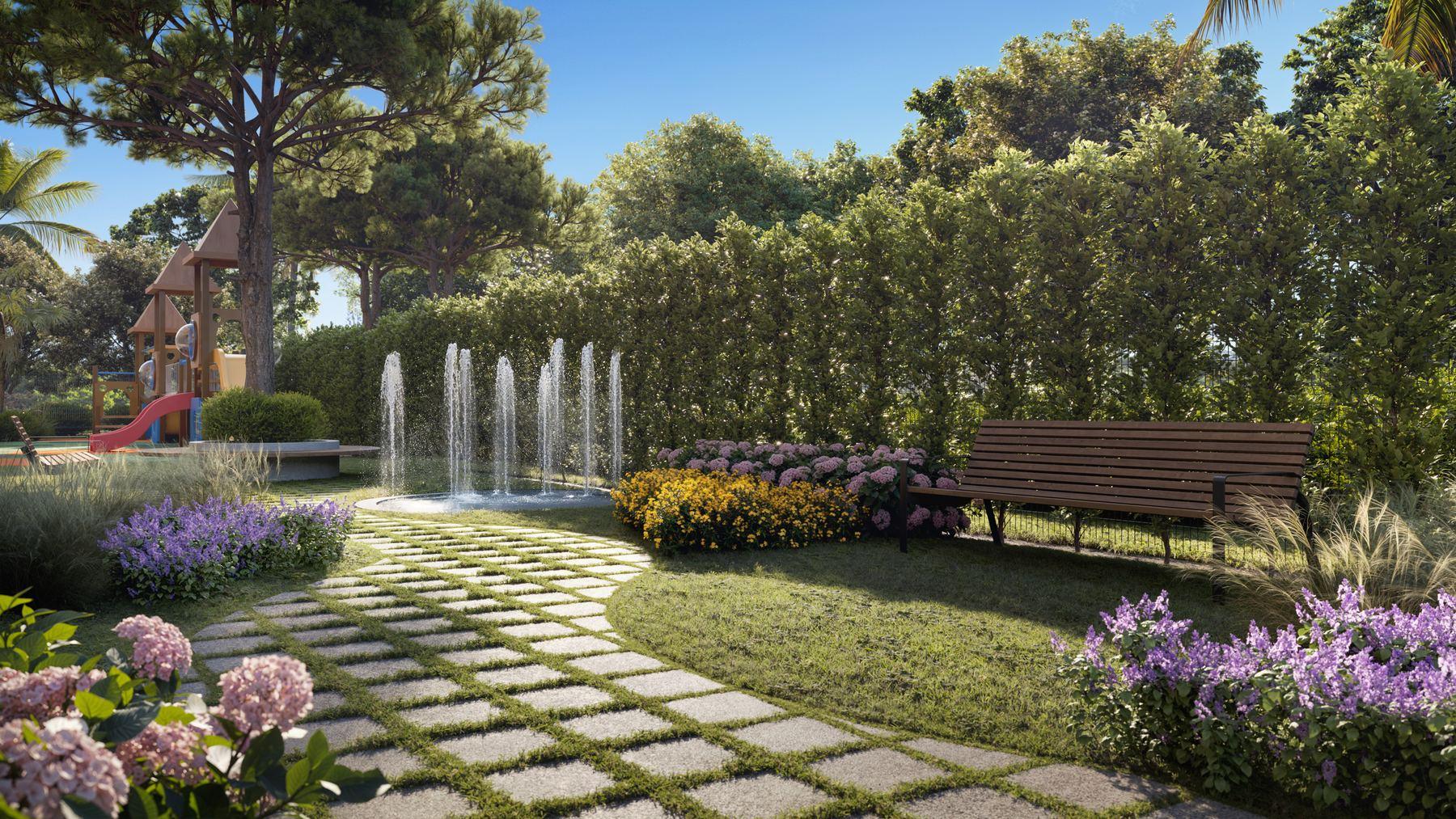 Fuente interactiva y jardín