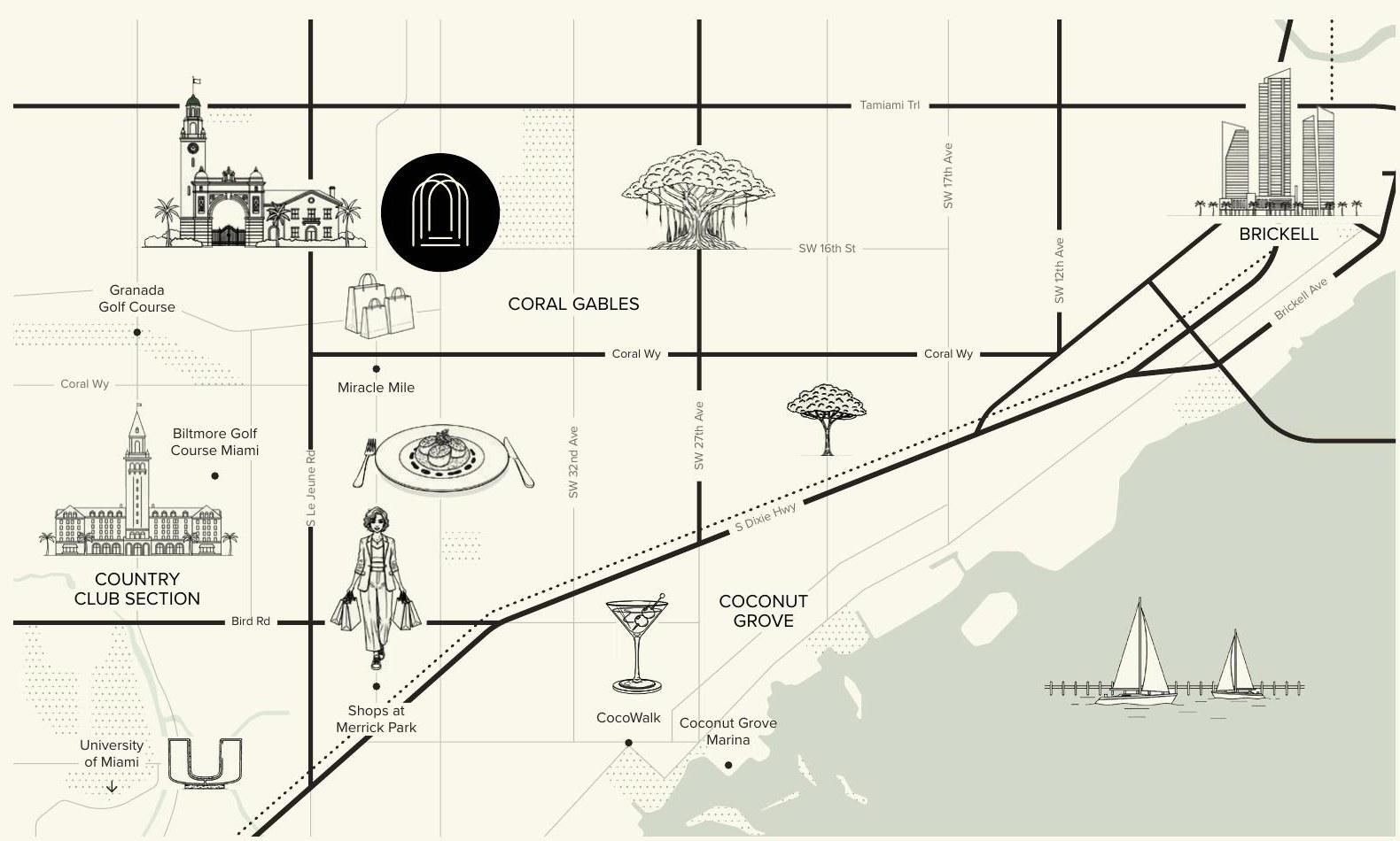 Mapa de ubicación de Seventeen Gables en Coral Gables, entre Miracle Mile, Coconut Grove y Brickell