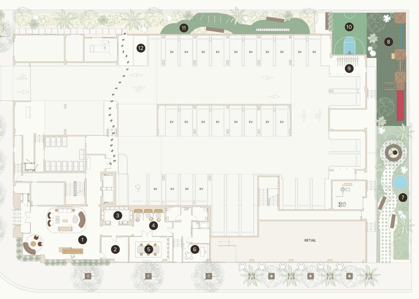 Plano de amenidades de la planta baja de Seventeen Gables